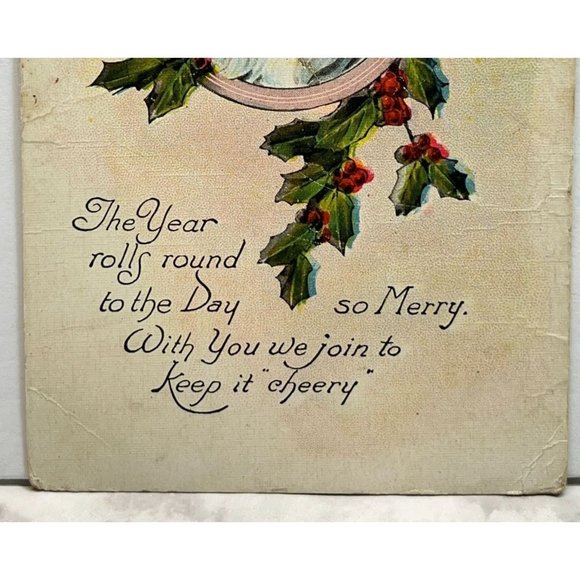 Vintage Christmas Postcard Santa Claus in Holly Frame Keep it Cheery - Picture 5 of 7